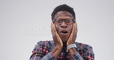 Buy stock photo Shocked, portrait and black man in studio with wow expression, announcement or good news. Surprise, gossip and happy male person on white background for giveaway, discount glasses or emoji by space