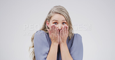 Buy stock photo Woman, portrait and shocked in studio for announcement, good news and surprise for deal. Person, what and amazing on white background space for offer, opportunity and unexpected information in USA