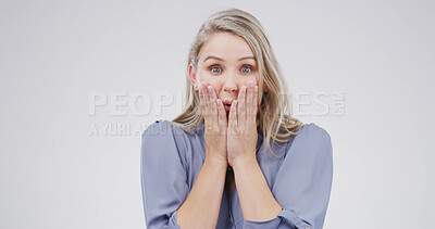 Buy stock photo Surprised, woman and employee with reaction, studio or happiness for employment or white background. Shocked, accountant and person with positive mindset for opportunity, portrait and career growth