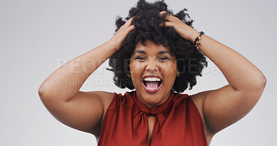 Buy stock photo Black woman, surprise and happy with in studio portrait for deal, good news or shock on white background. African person, wow and smile for information, announcement or discount with shout in Nigeria