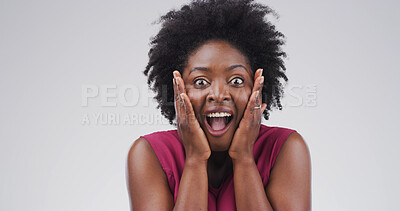 Buy stock photo Happy, black woman or portrait with shock for winning or bonus in studio on a white background. Excited, female person or African model with surprise for good news, promotion or lucky winner on space