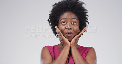 Buy stock photo Portrait, shocked and black woman in studio, wow and announcement on white background. African person, omg and surprise with facial expression, winner or giveaway with information, prize or excited