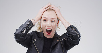 Buy stock photo Woman, surprise and wow with in studio portrait for deal, good news and shock on white background. Person, winner and mock up space for information, announcement and discount with shout in Germany