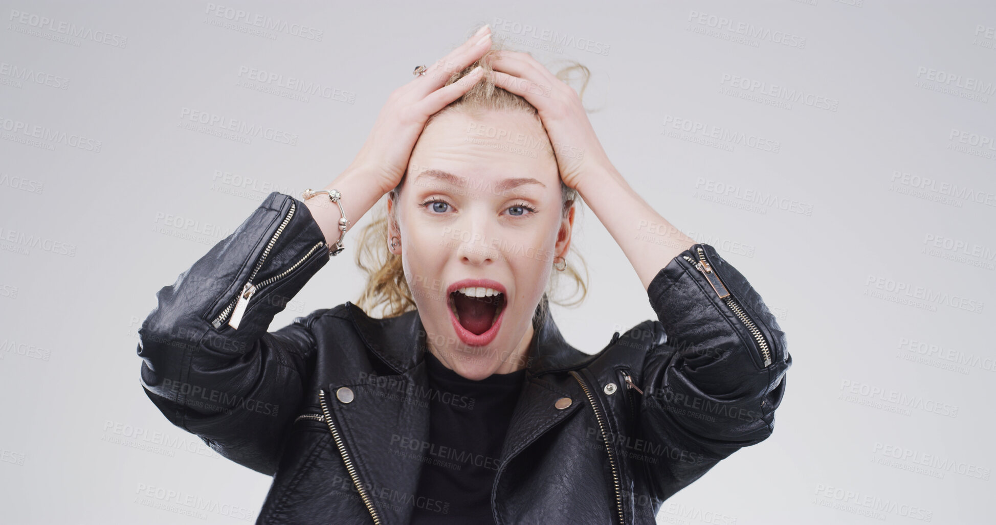 Buy stock photo Woman, surprise and wow with in studio portrait for deal, good news and shock on white background. Person, winner and mock up space for information, announcement and discount with shout in Germany