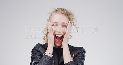 Buy stock photo Girl, surprise and wow with in studio portrait for deal, good news and shock on white background. Happy woman, winner and mock up space for information, announcement or shout for discount in Germany