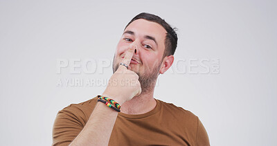 Buy stock photo Portrait, goofy and man with funny face, comic or silly with facial expression and white background. Happy, personality and person with playful gesture for comedy, reaction and comedian with joke