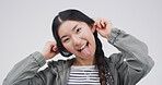 Comic, portrait and woman with funny face, silly or facial expression for humor, gesture and studio. White background, emoji and Asian person with reaction for comedy, goofy and confident in China