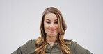 Tongue out, silly and portrait of woman in studio for funny face, humor and comedy on white background. Happy, mockup space and isolated person with reaction, facial expression and emoji for joke