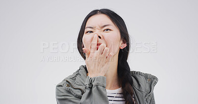 Buy stock photo Comic, portrait and woman with funny face, gesture or facial expression for humor, silly and studio. White background, emoji and Asian person with reaction for comedy, goofy and confident in China