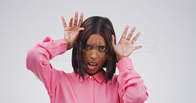 Buy stock photo Portrait, funny face and woman in studio with goofy expression isolated on white background space. Silly, tongue out and person with crazy gesture, emoji and playful comedy for comic humor in India