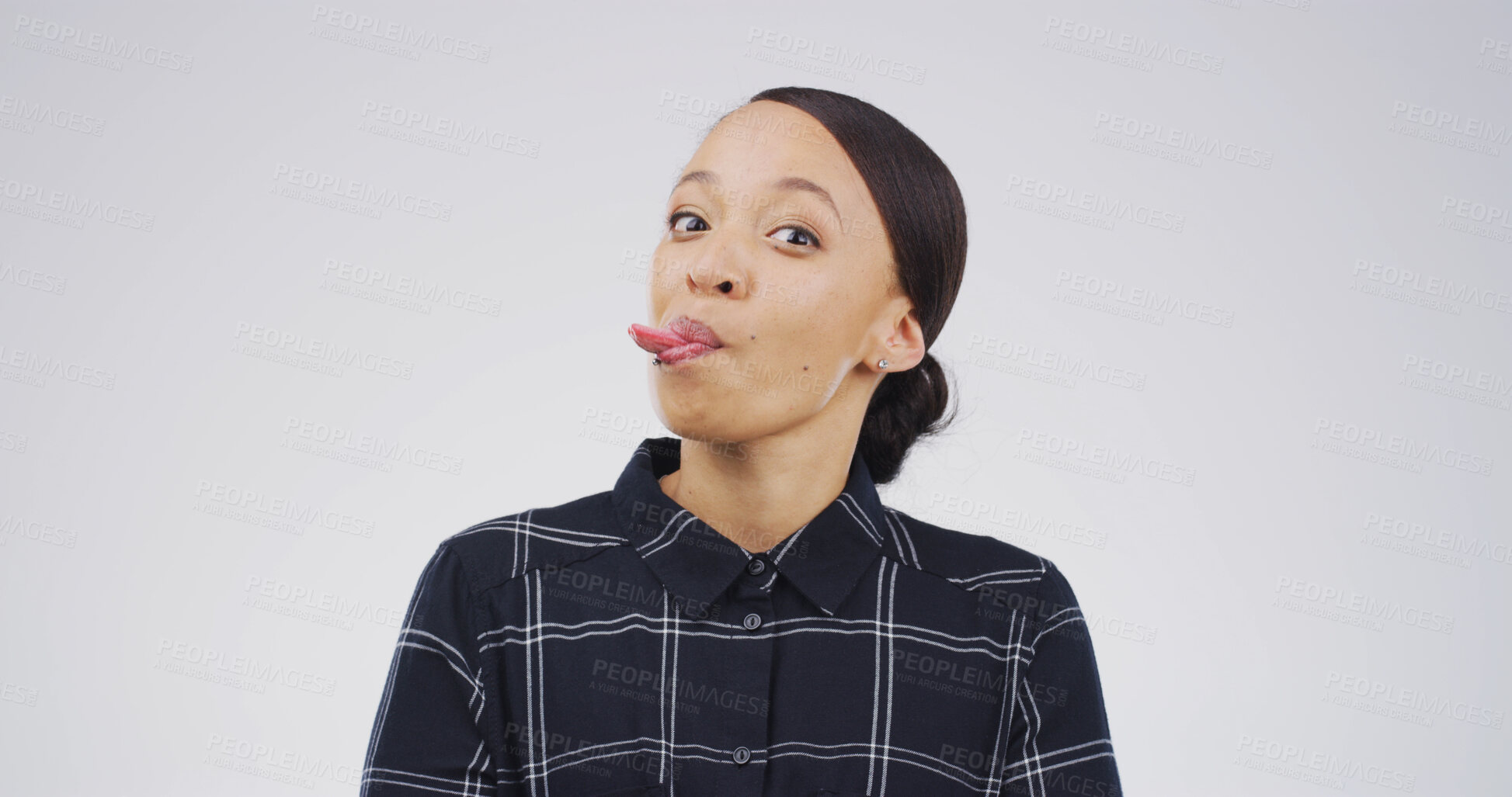 Buy stock photo Girl, funny face and tongue out in studio portrait with joke, playful and mock up space on white background. Person, comic expression and silly with mouth, crazy and humor with emoji in Puerto Rico