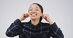 Funny face, ears and smile with portrait of woman in studio for comic, meme or joke. Facial expression, comedy and happiness with person on white background space for good mood, goofy and silly emoji