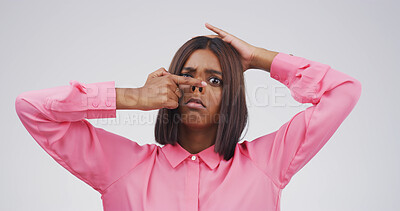 Buy stock photo Nose, silly and portrait of woman in studio with funny face for emoji, comedy and playful humor. Comic, quirky and isolated person with joke, crazy and goofy expression for meme on white background