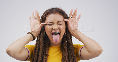 Buy stock photo Girl, funny face and playful with tongue out in studio, eyes closed and mock up space on white background. Gen z woman, comic expression and silly with mouth, laugh or humor with quirky emoji