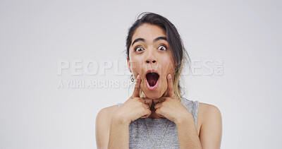 Buy stock photo Surprised, woman and reaction to news, portrait or amazed by announcement, mockup space or discount. Shocked, person and wow for sale, white background and mouth open for rumor, studio and expression