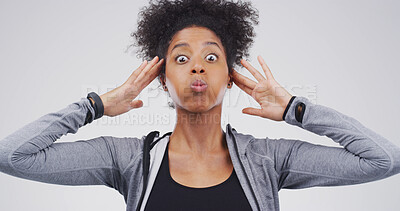 Buy stock photo Surprise, silly and black woman in studio with funny face for, comedy and humor reaction. Facial expression, quirky and portrait of person with goofy, crazy and shocked for news on white background