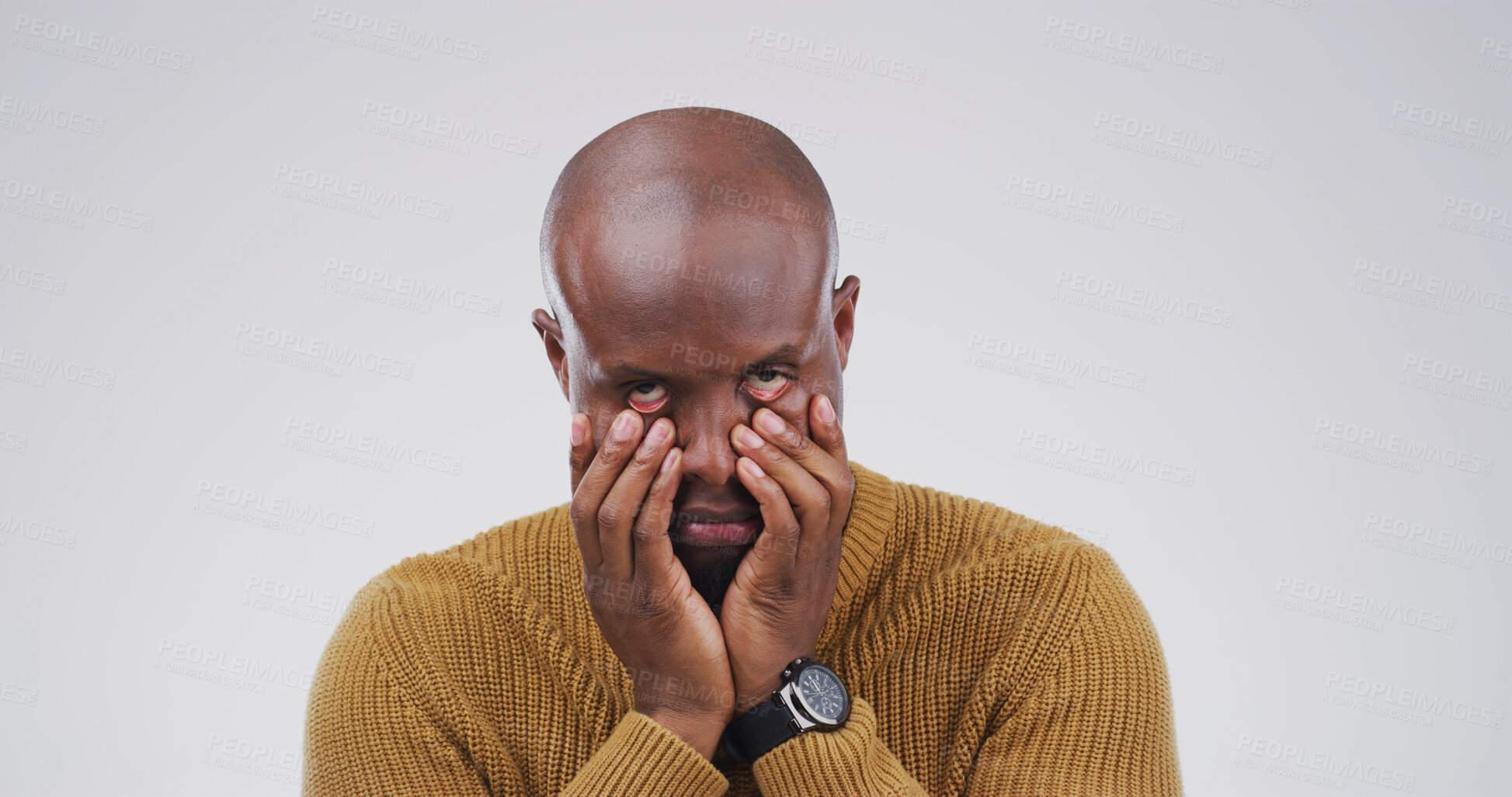 Buy stock photo Tired, frustrated and portrait of black man in studio for mistake, annoyed and anxiety. Stress, mental health and risk with male person on white background space for worry, brain fog and burnout