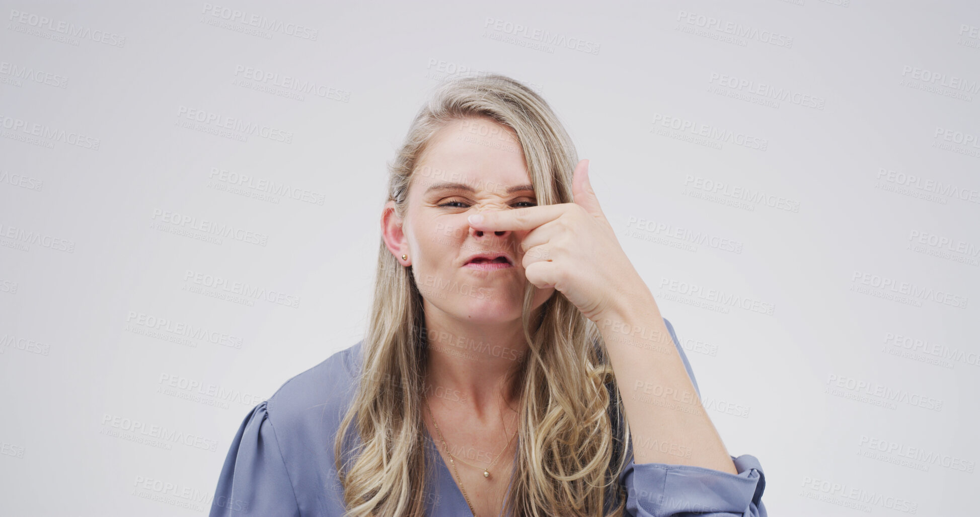 Buy stock photo Comic, funny face and nose with woman on studio space for emotions, humor or silly joke. Comedy, emoji and facial expression of goofy person isolated on white background for crazy or quirky reaction