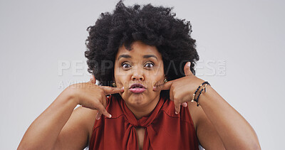 Buy stock photo Funny face, hands and portrait of black woman in studio for theater prep, facial exercise or comic. Actress warm up routine, expression and muscle technique with person on white background space