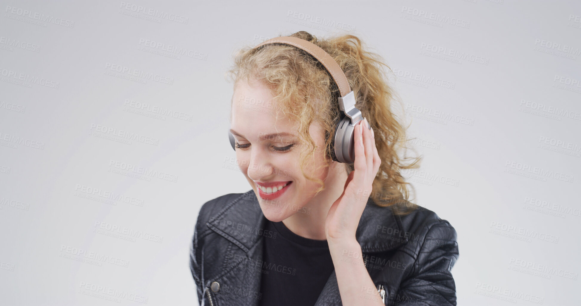 Buy stock photo Happy, woman and headphones with music in studio for streaming subscription, radio and playlist. Mockup space, girl and smile with technology on white background for sound track or listening to audio