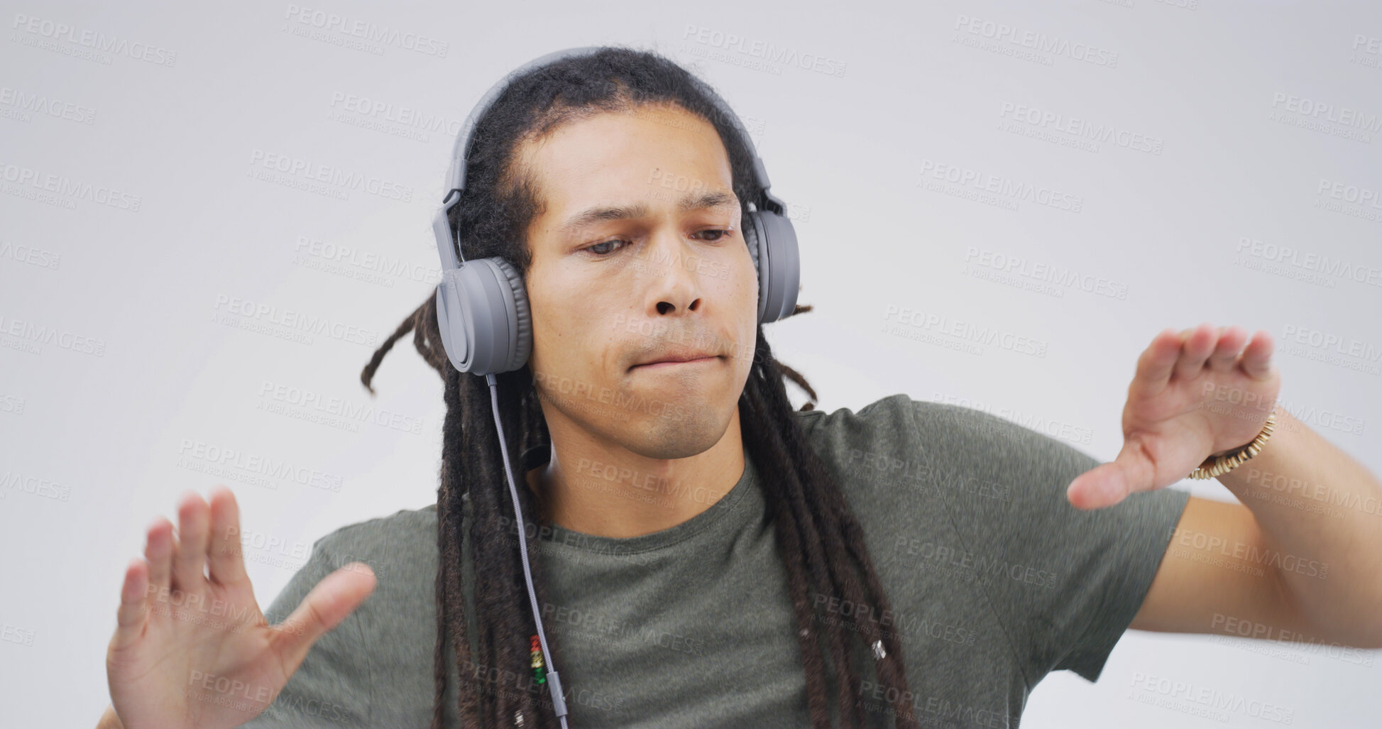 Buy stock photo Man, dancing and headphones with music in studio with album, streaming or song on white background. African person, playlist and listen with mockup space for subscription, radio and sound with rhythm
