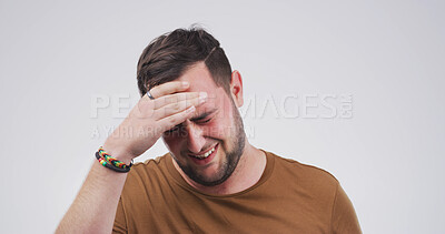 Buy stock photo Man, headache and stress with pain in studio with mockup space, fatigue or vertigo on white background. Dizzy person, chronic migraine and burnout with brain fog, exhausted and tired with pressure