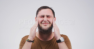 Buy stock photo Man, headache and exhausted with pain in studio with mockup space, fatigue or vertigo on white background. Dizzy person, chronic migraine and burnout with brain fog, stress and tired with pressure