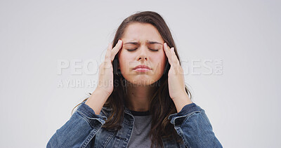Buy stock photo Headache, pain and woman in studio, stress and frustrated with anxiety on white background. Person, mockup space and migraine with health risk, burnout and discomfort with brain fog or medical crisis