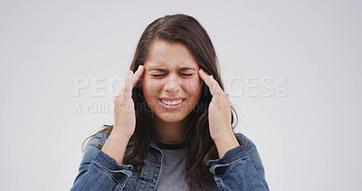 Buy stock photo Headache, pain and woman in studio with tension, pressure and brain fog on white background. Mockup space, health crisis and person massage temples with frustrated, fatigue and stress for migraine