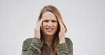 Portrait, pain and woman with headache in studio from mental health fatigue, vertigo and burnout. Mockup space, girl and tension migraine on white background with dizziness, brain fog and discomfort