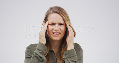 Buy stock photo Portrait, pain and woman with headache in studio from mental health fatigue, vertigo and burnout. Mockup space, girl and tension migraine on white background with dizziness, brain fog and discomfort