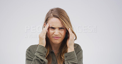 Buy stock photo Pain, portrait and woman with headache in studio from mental health fatigue, anxiety or brain fog. Mockup space, frustrated girl or tension migraine on white background with stress and massage temple