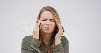 Buy stock photo Studio, employee and woman with headache, anxiety or overwhelmed with workload, thinking and stress. White background, publicist and person with migraine, contemplating and frustrated with burnout