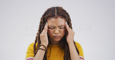 Buy stock photo Stress, pain and girl with headache in studio from mental health fatigue, anxiety and brain fog. Mockup space, gen z person and migraine on white background with dizziness, illness or ache discomfort