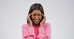 Studio, employee and woman with headache, stress or overwhelmed with workload, thinking and anxiety. White background, publicist and person with migraine, contemplating and frustrated with burnout