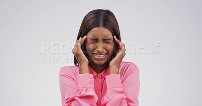 Buy stock photo Studio, employee and woman with headache, stress or overwhelmed with workload, thinking and anxiety. White background, publicist and person with migraine, contemplating and frustrated with burnout