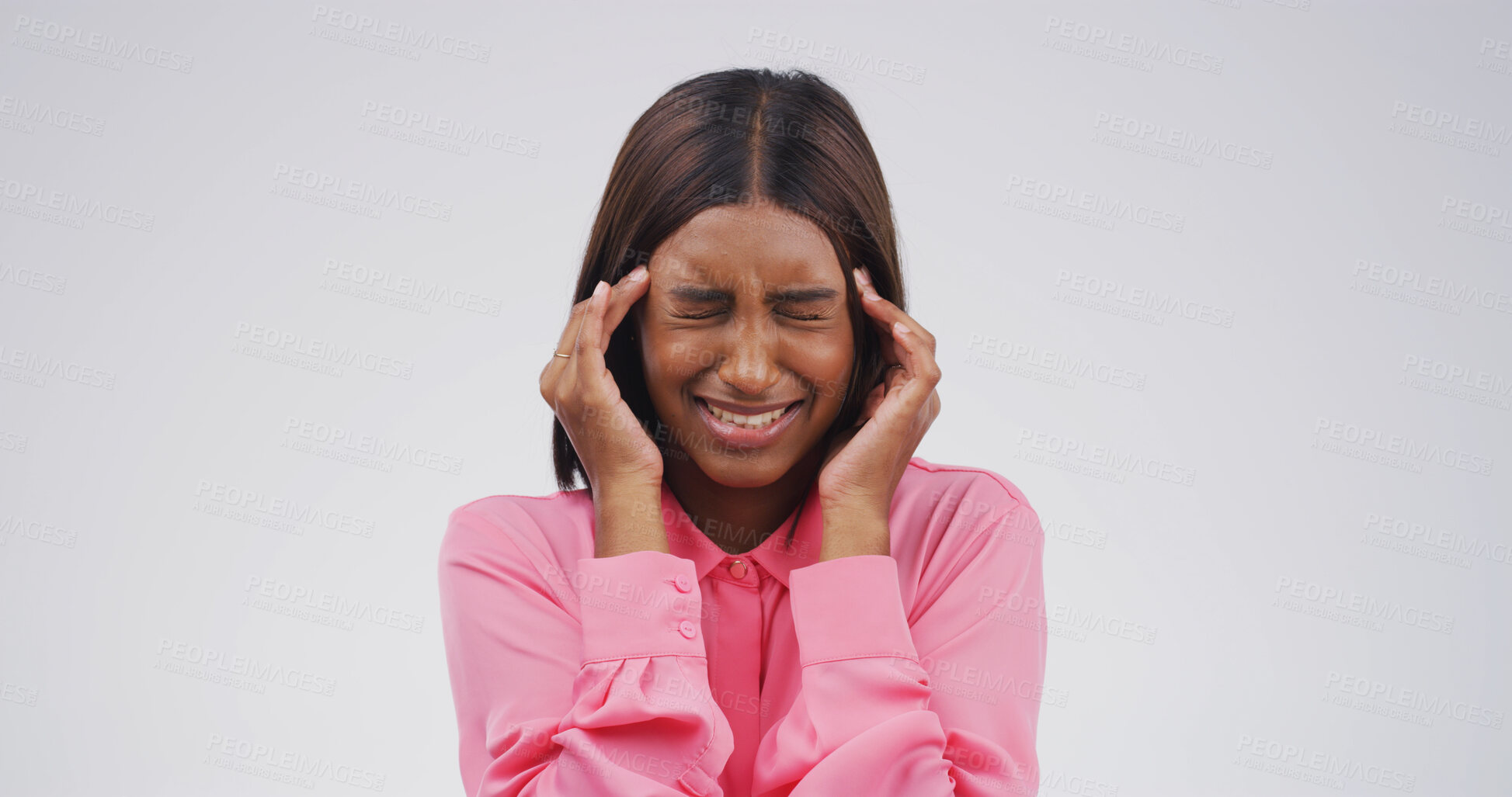 Buy stock photo Studio, employee and woman with headache, stress or overwhelmed with workload, thinking and anxiety. White background, publicist and person with migraine, contemplating and frustrated with burnout
