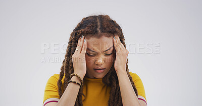 Buy stock photo Stress, headache and woman in studio with burnout, exhaustion or pain for mental health. Frustration, mistake and female person with migraine for fatigue, pressure or anxiety by white background.