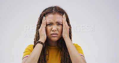 Buy stock photo Pain, portrait and girl with headache in studio from mental health fatigue, pressure and brain fog. Mockup space, person and tension migraine on white background with stress, dizziness or overwhelmed