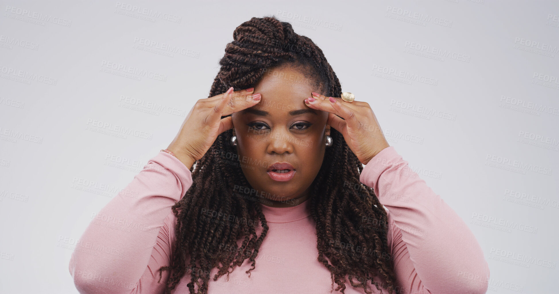 Buy stock photo Stress, headache and black woman in studio with pain, brain fog and vertigo with portrait. Migraine, tired and sick person with mental health crisis, burnout and fatigue on white background space