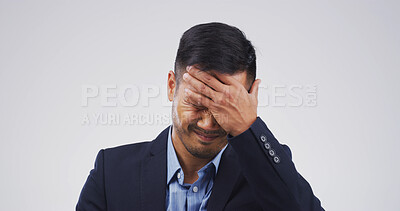 Buy stock photo Stress, headache and businessman in studio with burnout, exhaustion or pain for mental health. Frustration, mistake and corporate employee with migraine for fatigue or pressure by white background.