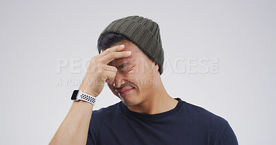 Buy stock photo Pain, hurt or man with headache in studio with stress, nervous breakdown or artist. Burnout space, loss or creative designer with migraine on white background with discomfort, dizziness or crisis