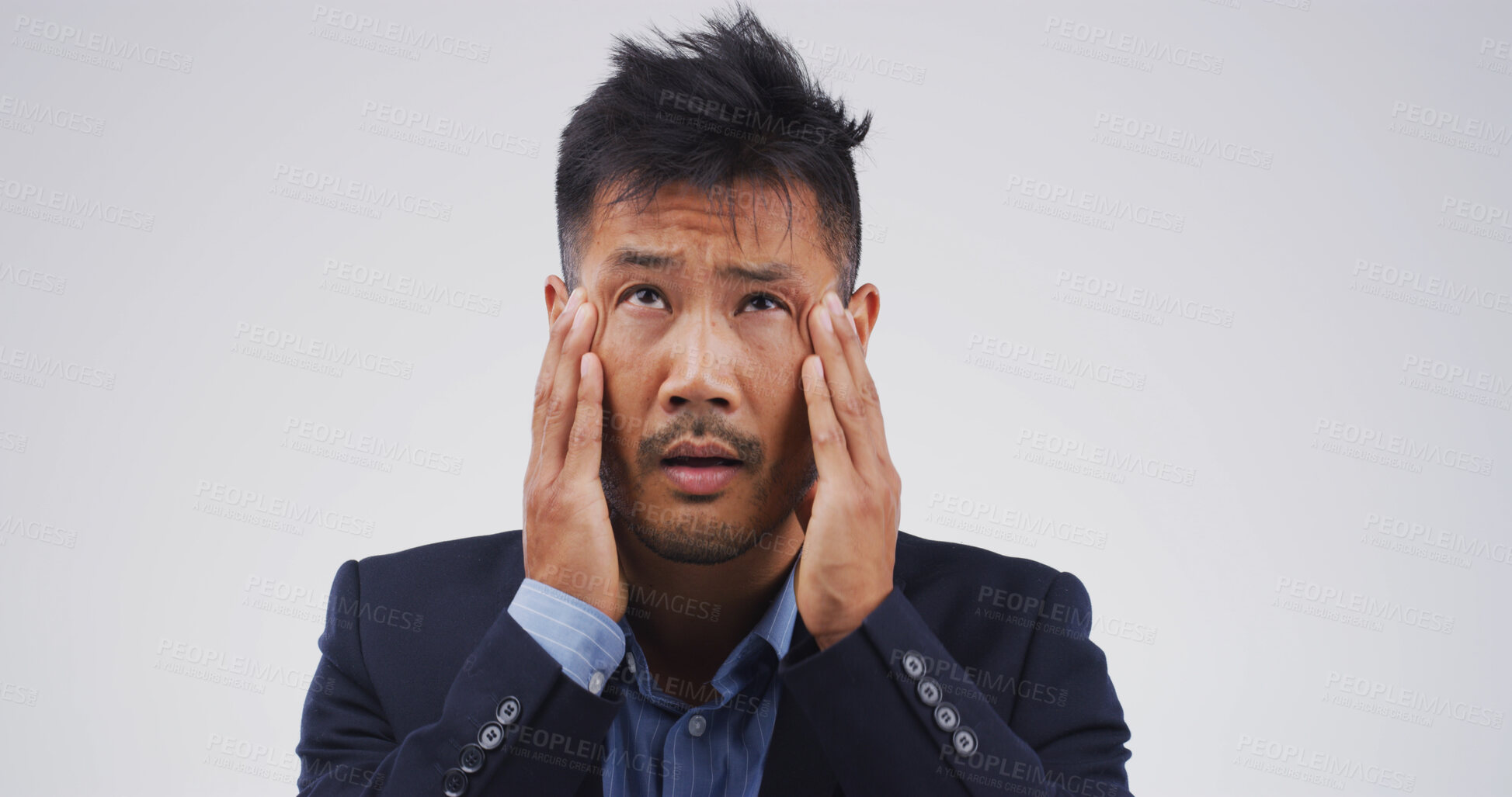 Buy stock photo Stress, headache and tired with business Asian man in studio for debt crisis, emergency or stock market crash. Investment mistake, fear and credit rejection with frustrated person on white background