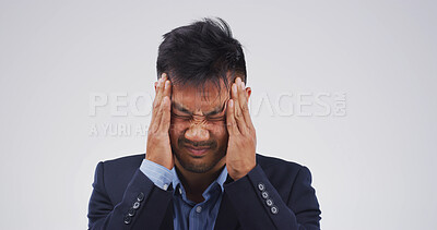 Buy stock photo Risk, headache and business man in studio for debt crisis, emergency and stock market crash. Investment mistake, fear and credit rejection with frustrated person on white background space for stress