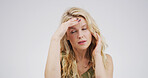 Stress, headache and woman in studio with pain, brain fog and vertigo on white background with space. Migraine, tired and sick person with mental health crisis, burnout and overwhelmed with fatigue