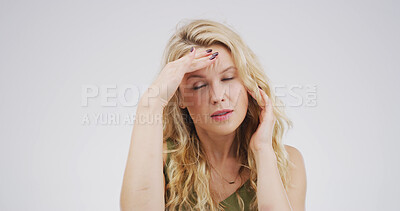 Buy stock photo Stress, headache and woman in studio with pain, brain fog and vertigo on white background with space. Migraine, tired and sick person with mental health crisis, burnout and overwhelmed with fatigue
