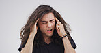 Pain, pressure or man with migraine in studio with stress, nervous breakdown or artist. Burnout space, hurt or creative designer with headache on white background with discomfort, dizziness or crisis