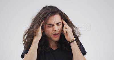 Buy stock photo Pain, pressure or man with migraine in studio with stress, nervous breakdown or artist. Burnout space, hurt or creative designer with headache on white background with discomfort, dizziness or crisis