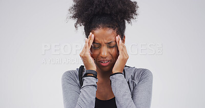 Buy stock photo Headache, pain and woman in studio with stress, pressure or tension on white background with space. Migraine, sick and unhappy African person with anxiety, frustrated and mental health challenge