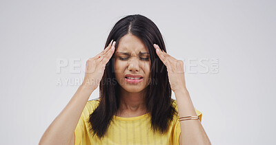 Buy stock photo Sick, headache and woman in studio with pain, brain fog and vertigo on white background with space. Migraine, stress and tired person with mental health crisis, burnout and overwhelmed with fatigue
